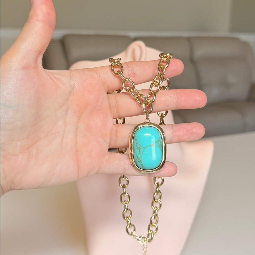 Gold Chain Necklace with Turquoise Pendant - Picture 7 of 10